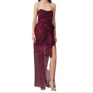 Badgley Mischka Red Floral Strapless Gown high slit dress